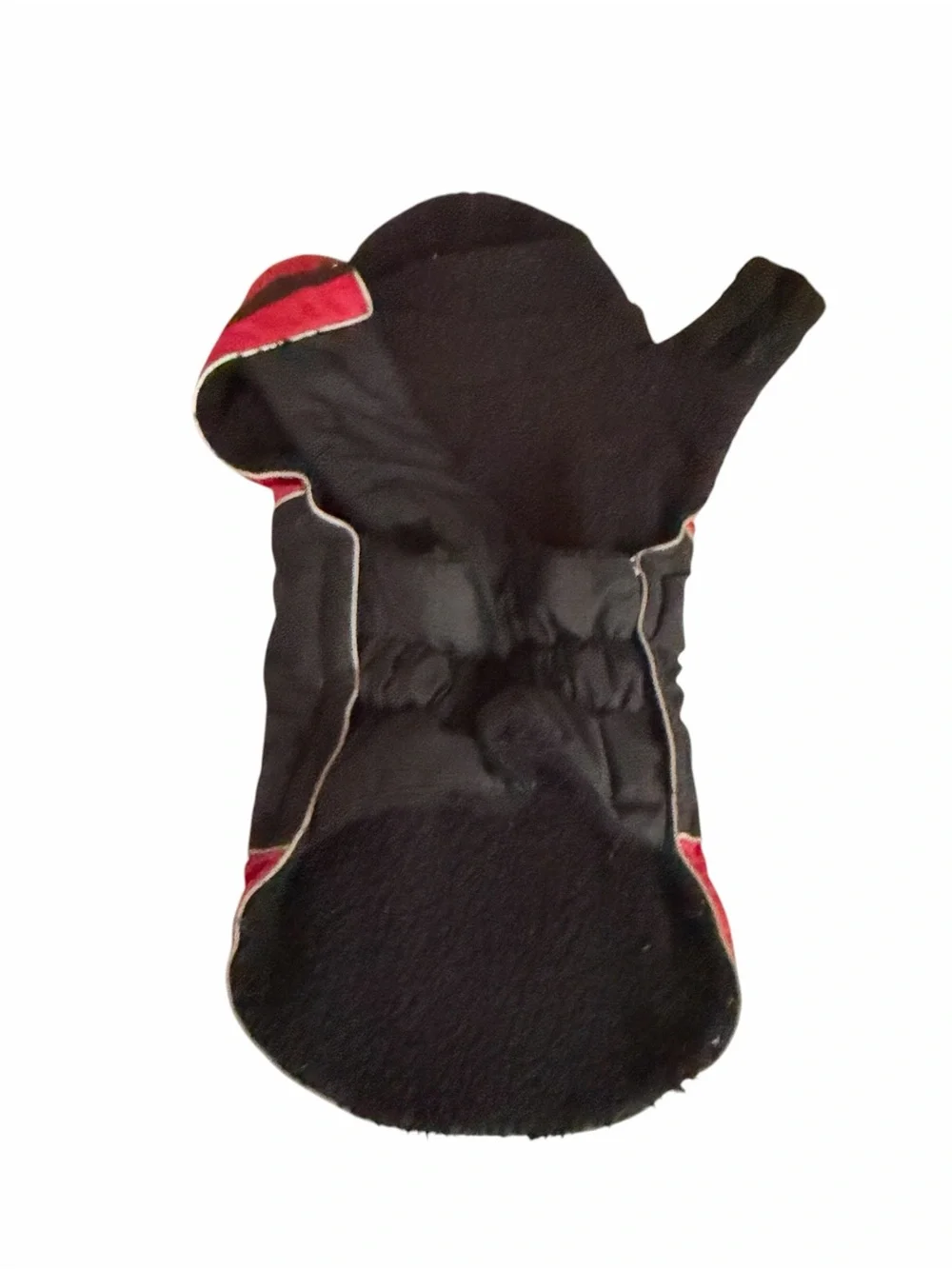 Red waterproof fleece lined dog coat Velcro closure at neck removable hood